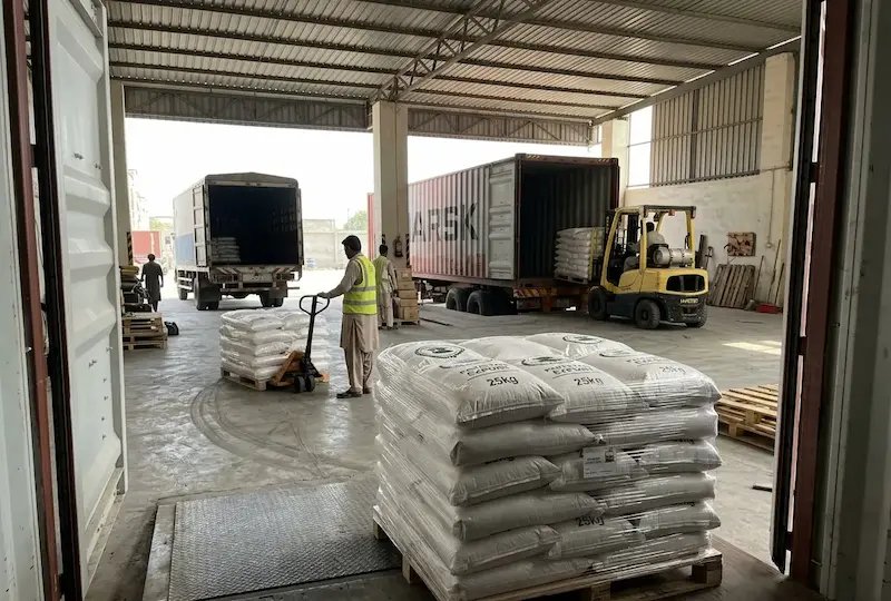 Export strength 25kg PP bags stacked for container freight